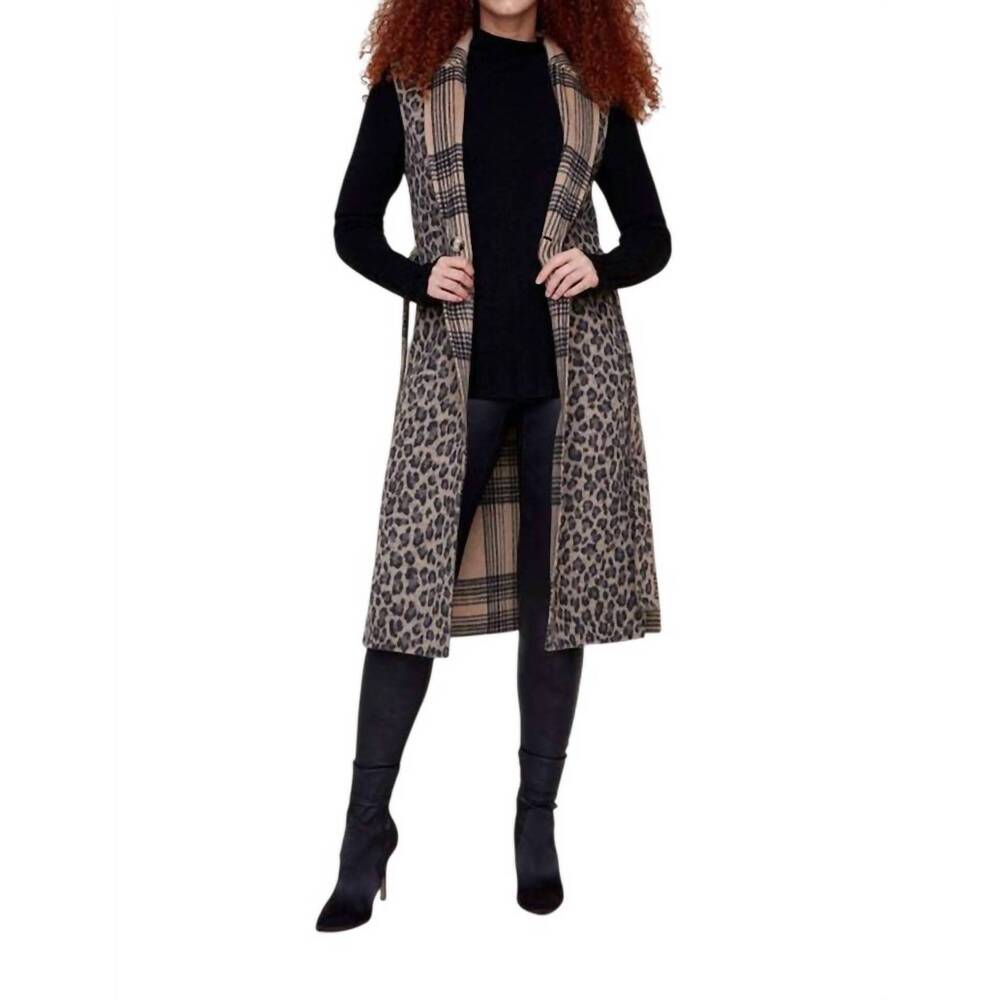 NEW RENUAR reversible belted long vest in tan combo